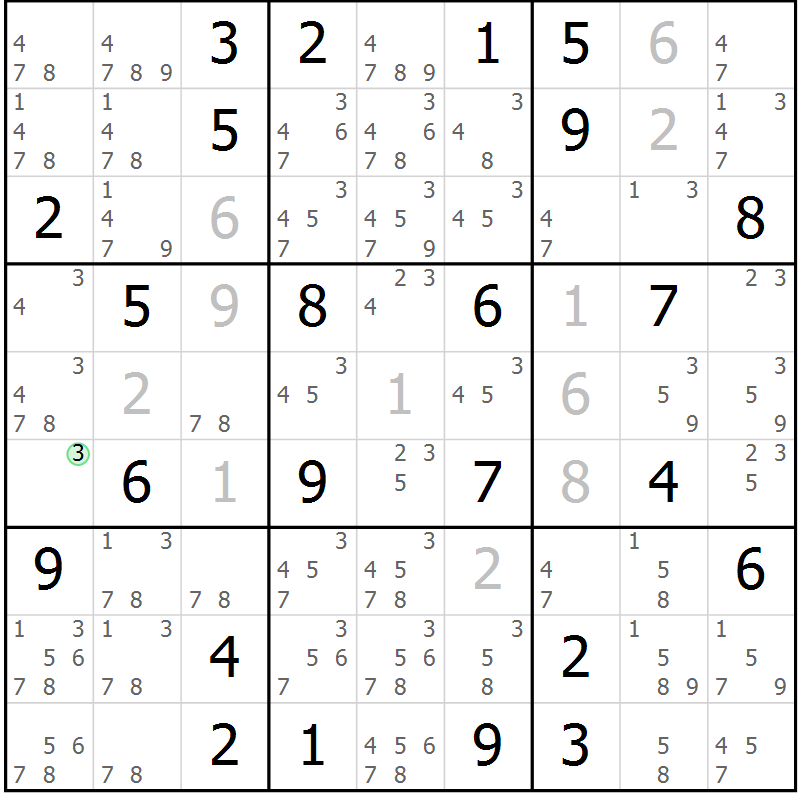 Position des candidats pour la solution de la Gr 43 page 46 du magazine de sudoku Virtuose n° 124