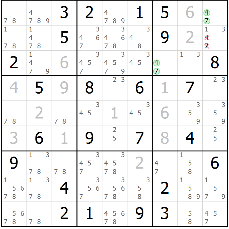 Position des candidats pour la solution de la Gr 43 page 46 du magazine de sudoku Virtuose n° 124