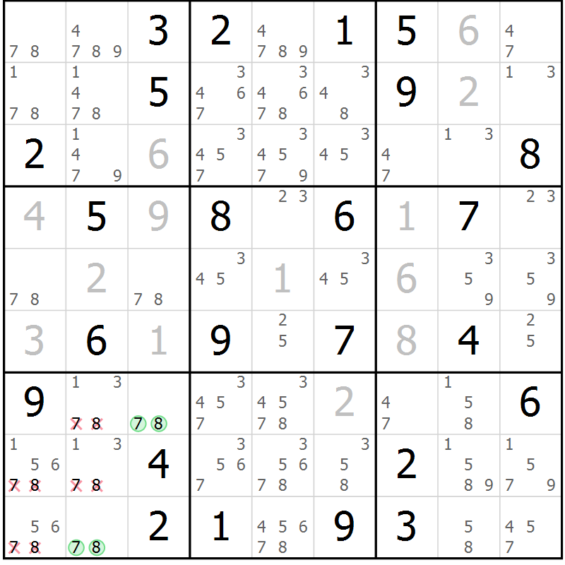 Position des candidats pour la solution de la Gr 43 page 46 du magazine de sudoku Virtuose n° 124