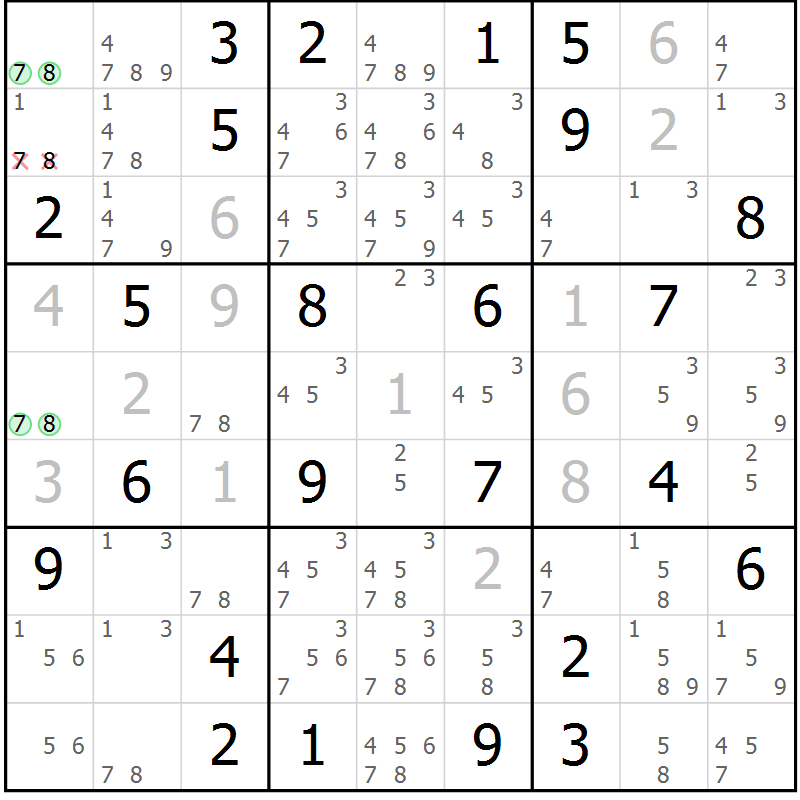Position des candidats pour la solution de la Gr 43 page 46 du magazine de sudoku Virtuose n° 124