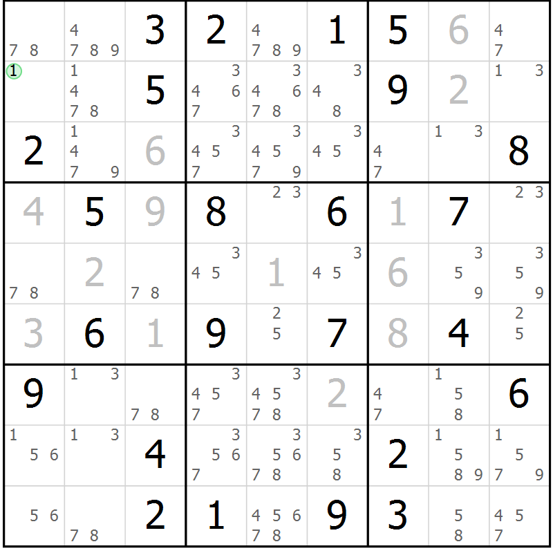 Position des candidats pour la solution de la Gr 43 page 46 du magazine de sudoku Virtuose n° 124