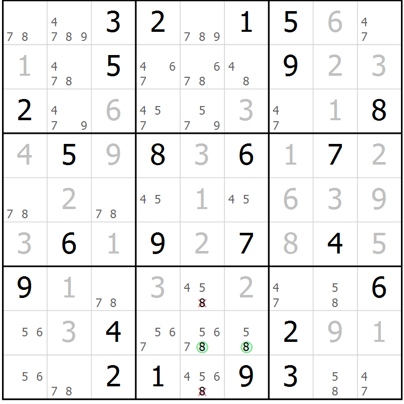 Position des candidats pour la solution de la Gr 43 page 46 du magazine de sudoku Virtuose n° 124