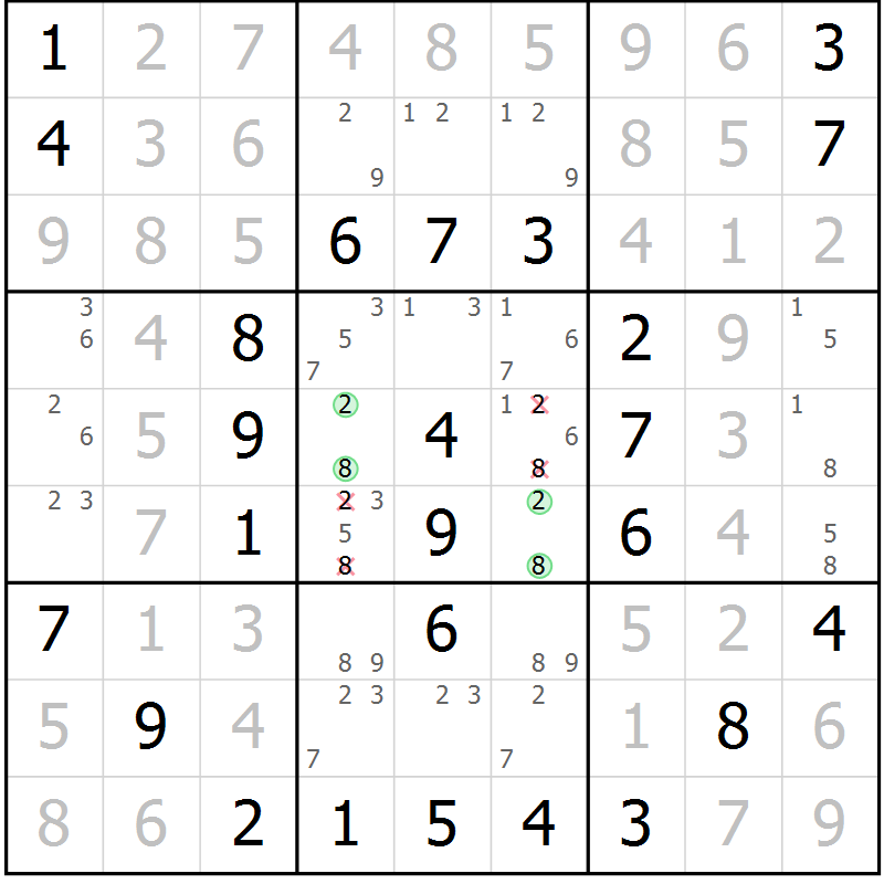 Position des candidats pour la solution de la Gr 44 page 47 du magazine de sudoku Virtuose n° 124