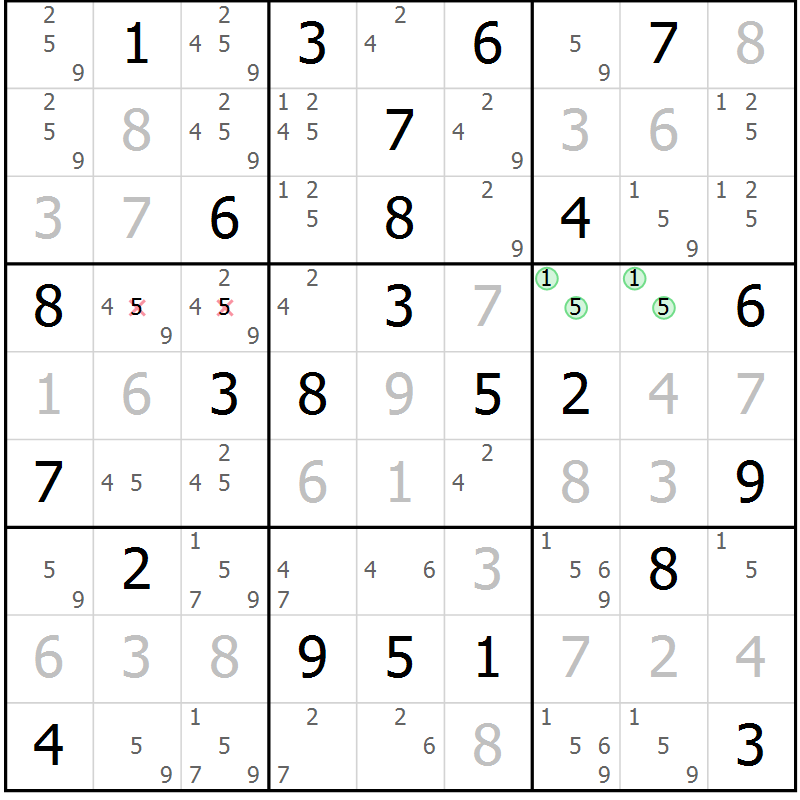 Position des candidats pour la solution de la Gr 45 page 48 du magazine de sudoku Virtuose n° 124