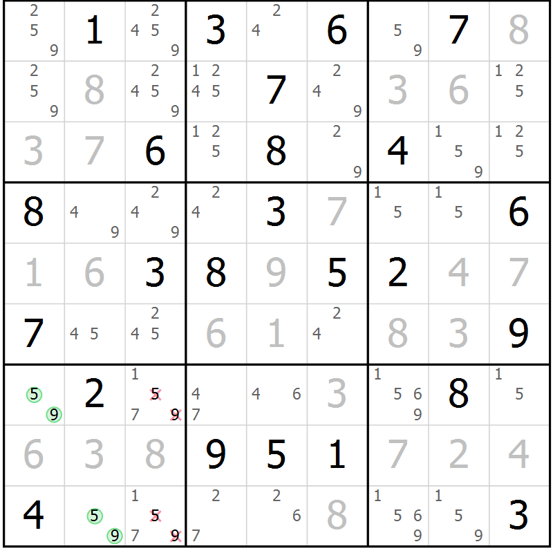Position des candidats pour la solution de la Gr 45 page 48 du magazine de sudoku Virtuose n° 124