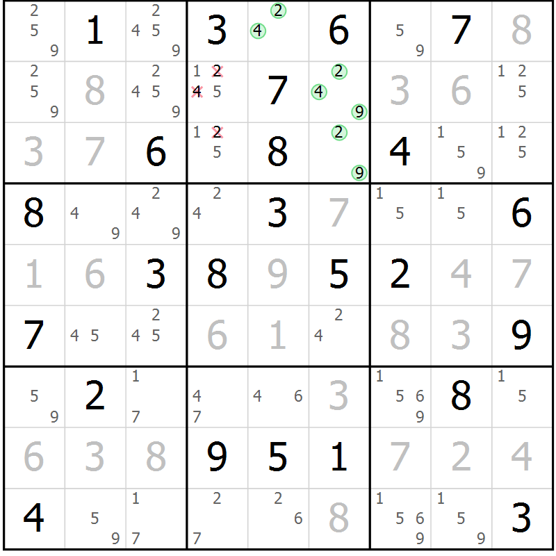 Position des candidats pour la solution de la Gr 45 page 48 du magazine de sudoku Virtuose n° 124