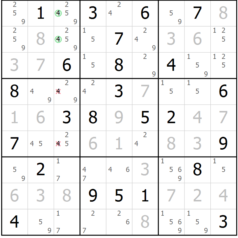Position des candidats pour la solution de la Gr 45 page 48 du magazine de sudoku Virtuose n° 124