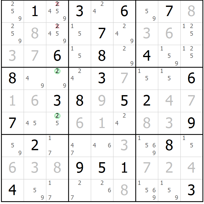 Position des candidats pour la solution de la Gr 45 page 48 du magazine de sudoku Virtuose n° 124