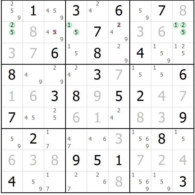 Position des candidats pour la solution de la Gr 45 page 48 du magazine de sudoku Virtuose n° 124