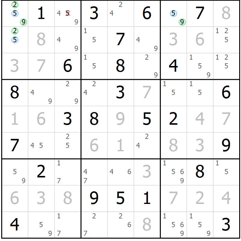 Position des candidats pour la solution de la Gr 45 page 48 du magazine de sudoku Virtuose n° 124