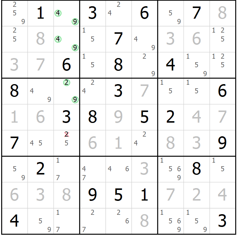 Position des candidats pour la solution de la Gr 45 page 48 du magazine de sudoku Virtuose n° 124