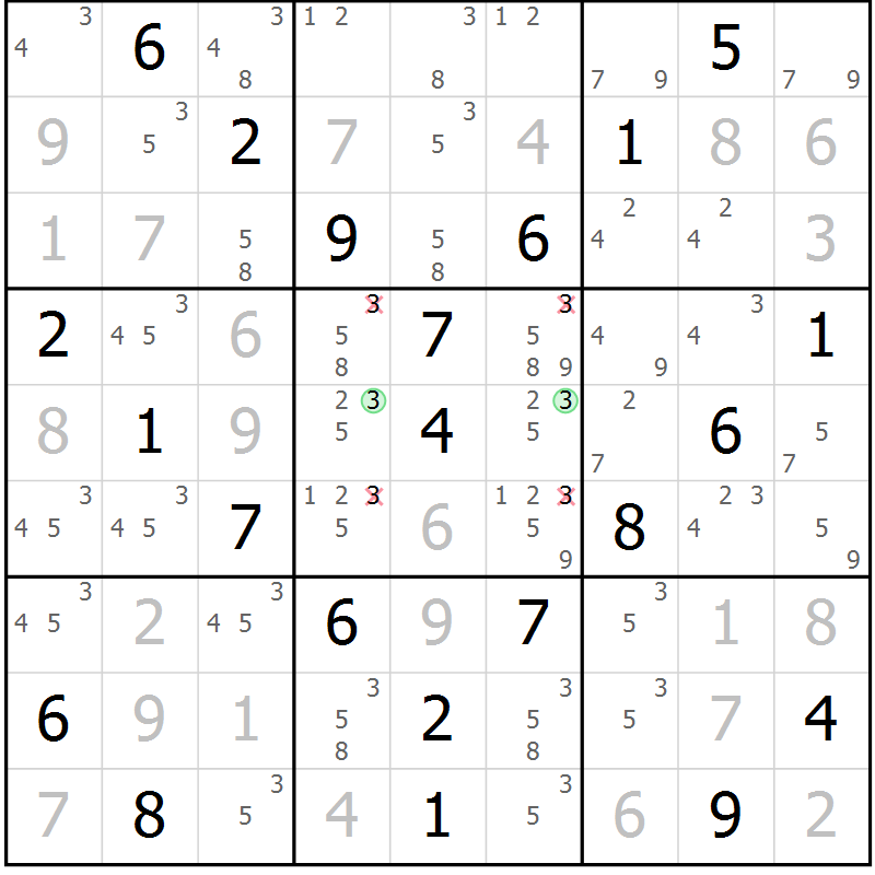Position des candidats pour la solution de la Gr 46 page 49 du magazine de sudoku Virtuose n° 124