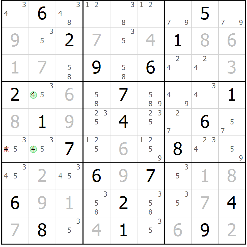 Position des candidats pour la solution de la Gr 46 page 49 du magazine de sudoku Virtuose n° 124