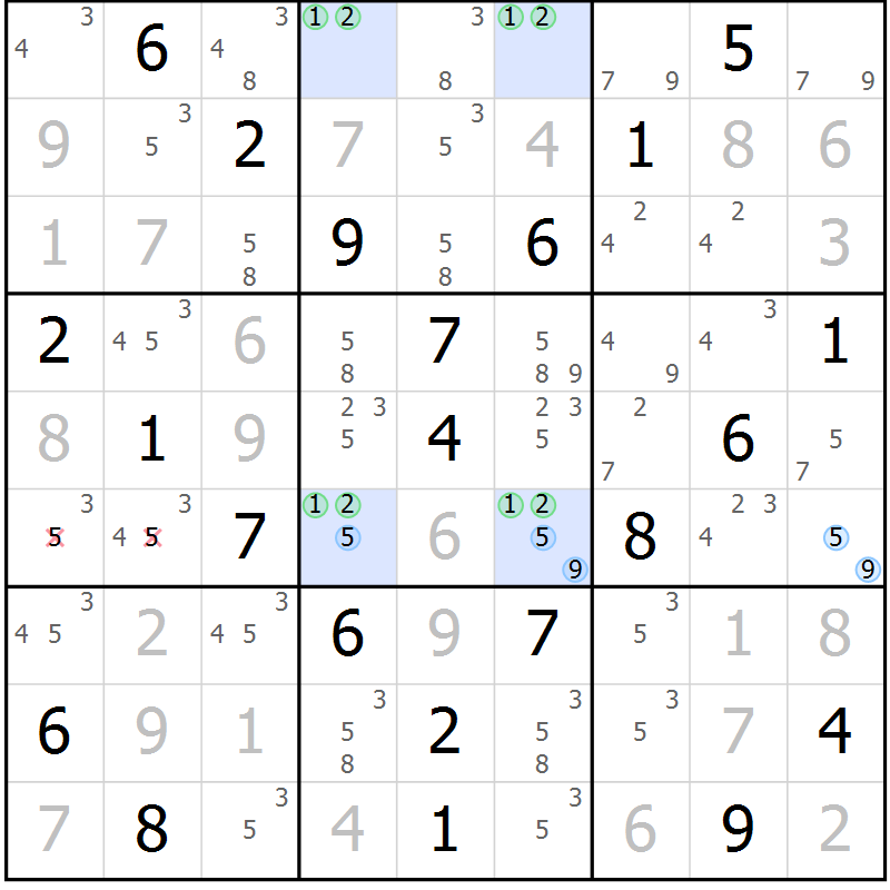 Position des candidats pour la solution de la Gr 46 page 49 du magazine de sudoku Virtuose n° 124
