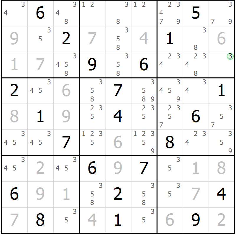 Position des candidats pour la solution de la Gr 46 page 49 du magazine de sudoku Virtuose n° 124
