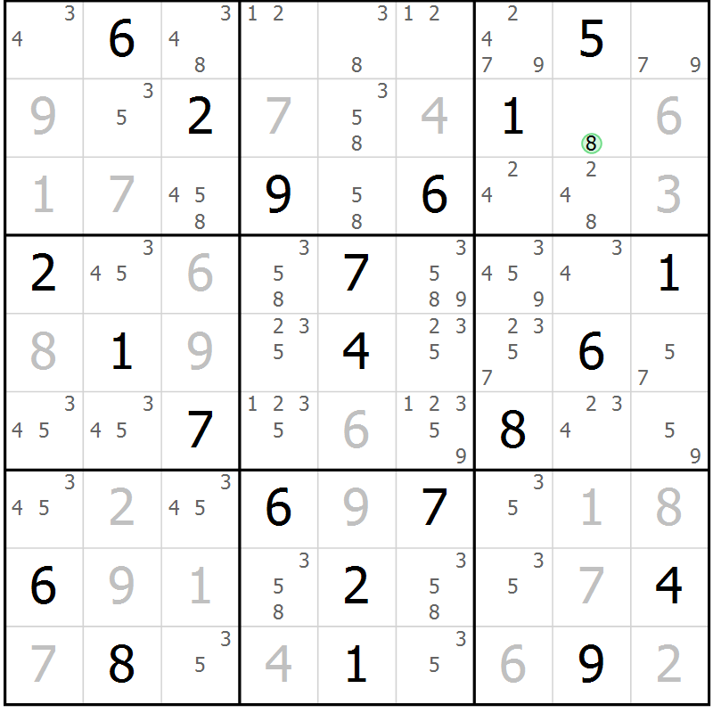 Position des candidats pour la solution de la Gr 46 page 49 du magazine de sudoku Virtuose n° 124