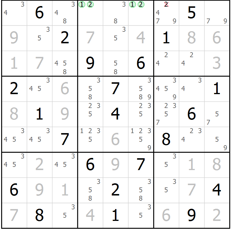 Position des candidats pour la solution de la Gr 46 page 49 du magazine de sudoku Virtuose n° 124