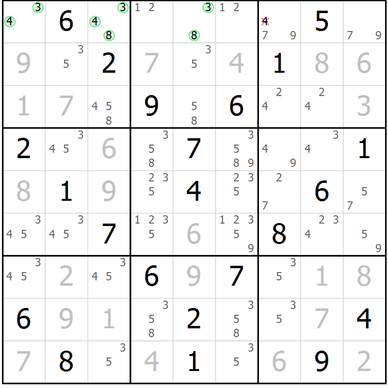Position des candidats pour la solution de la Gr 46 page 49 du magazine de sudoku Virtuose n° 124
