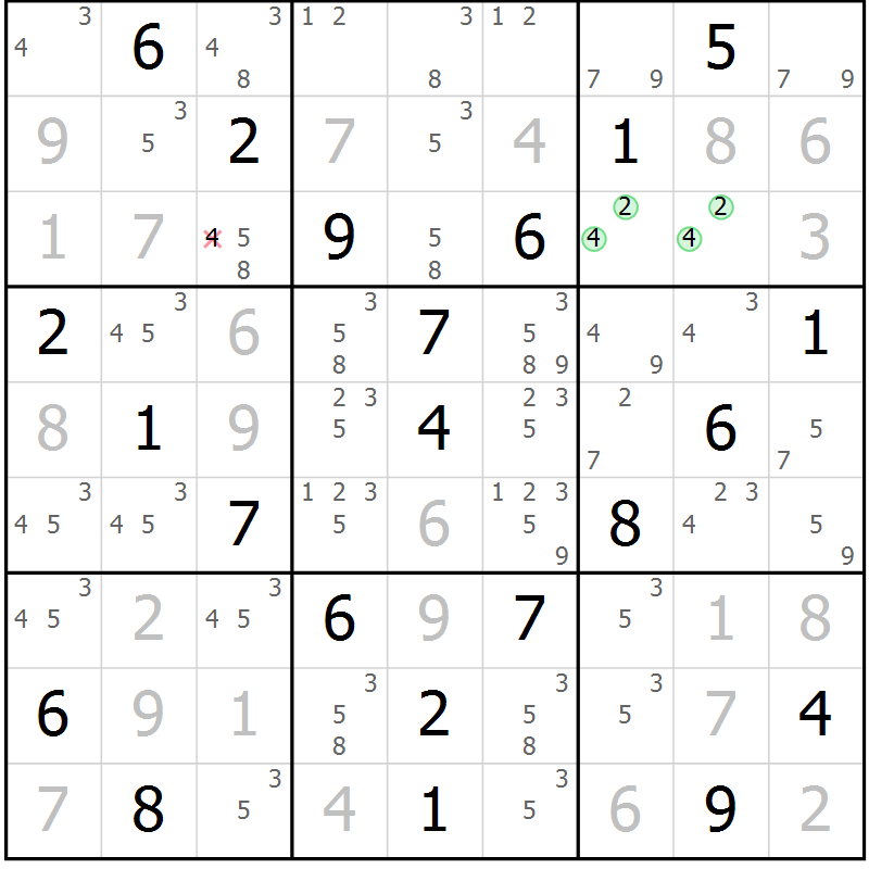 Position des candidats pour la solution de la Gr 46 page 49 du magazine de sudoku Virtuose n° 124