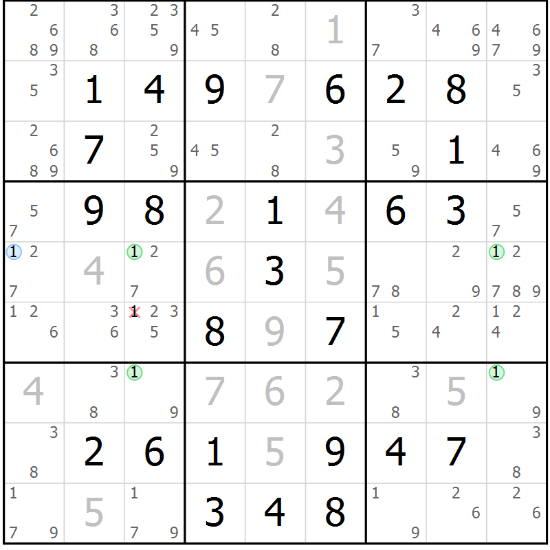 Position des candidats pour la solution de la Gr 47 page 50 du magazine de sudoku Virtuose n° 124