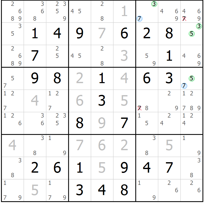 Position des candidats pour la solution de la Gr 47 page 50 du magazine de sudoku Virtuose n° 124