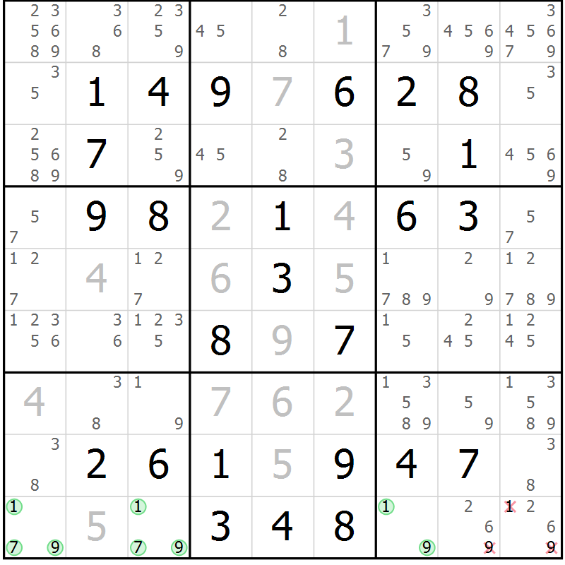 Position des candidats pour la solution de la Gr 47 page 50 du magazine de sudoku Virtuose n° 124