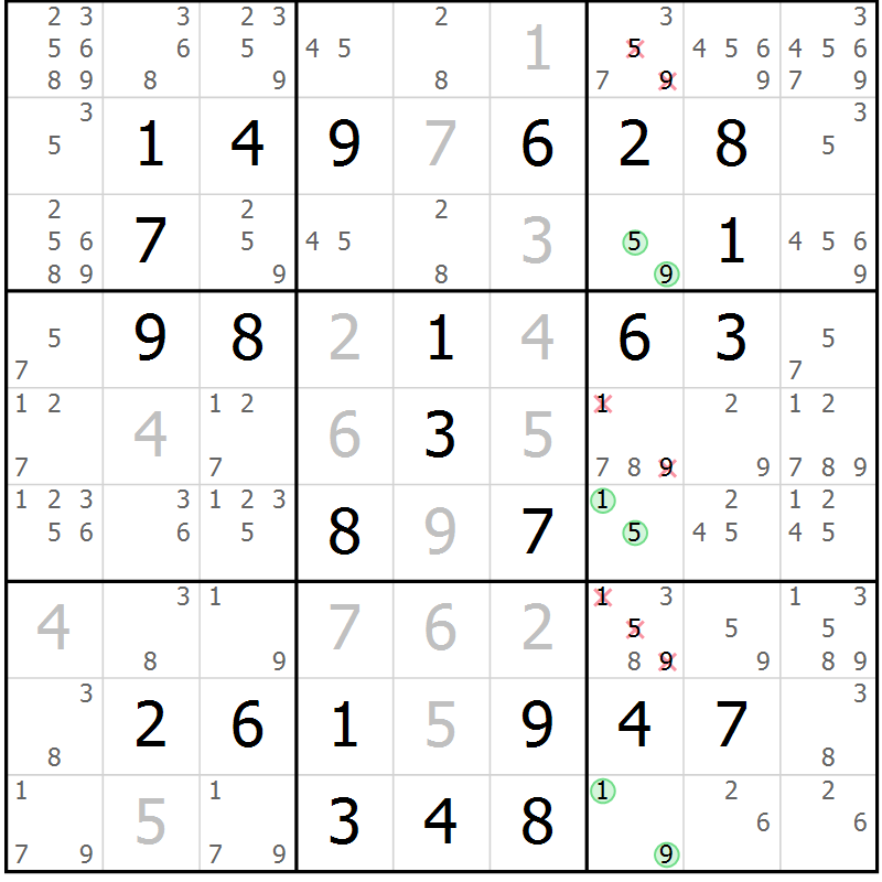 Position des candidats pour la solution de la Gr 47 page 50 du magazine de sudoku Virtuose n° 124