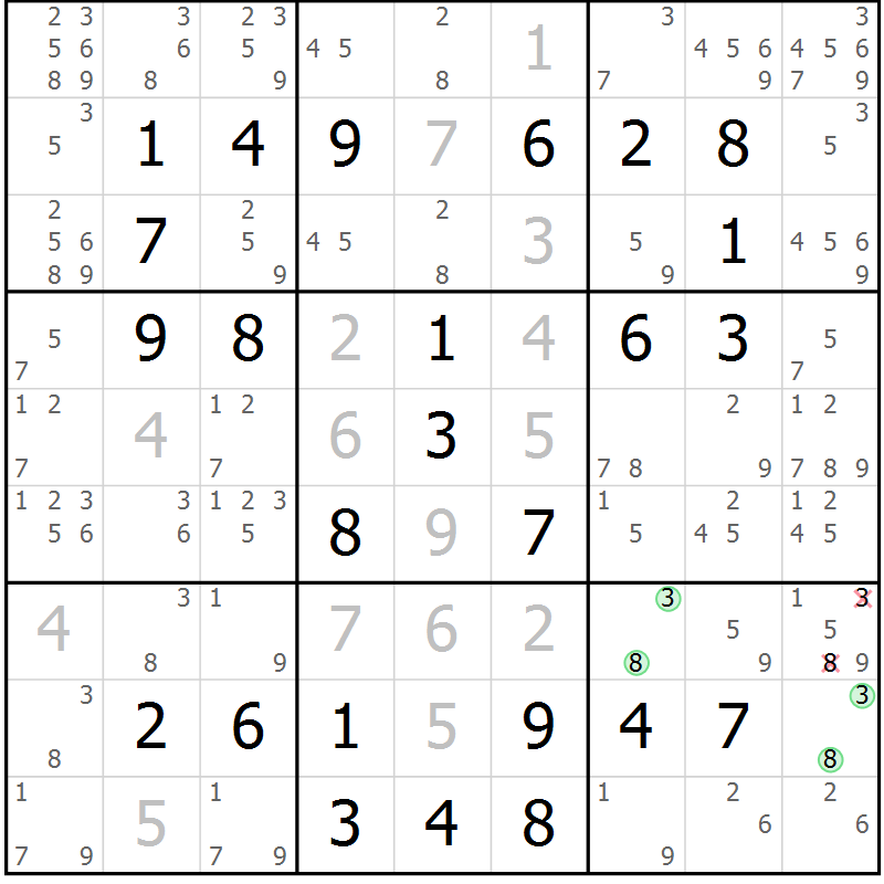 Position des candidats pour la solution de la Gr 47 page 50 du magazine de sudoku Virtuose n° 124