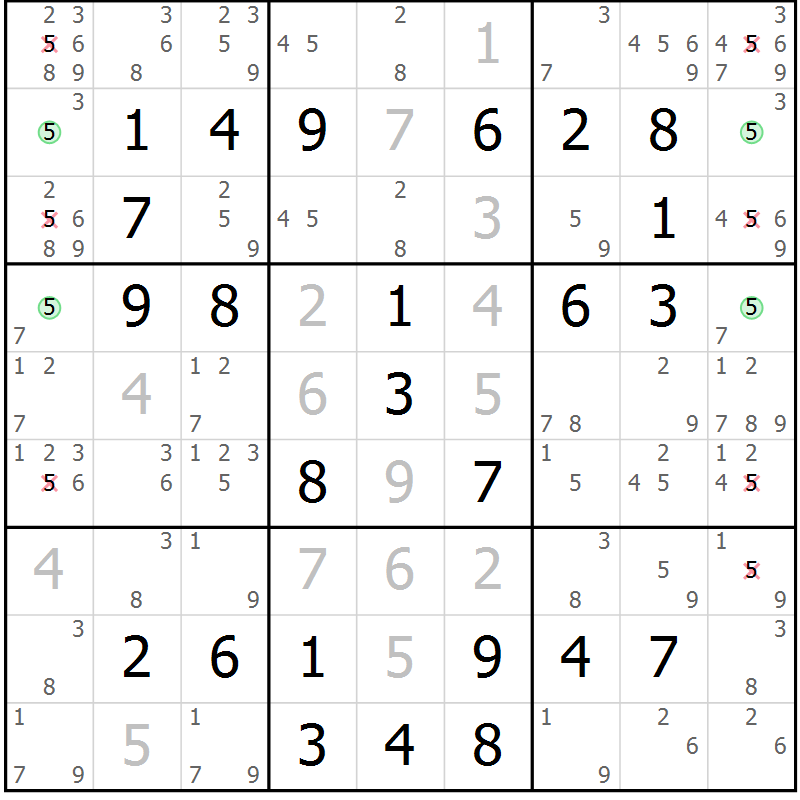 Position des candidats pour la solution de la Gr 47 page 50 du magazine de sudoku Virtuose n° 124