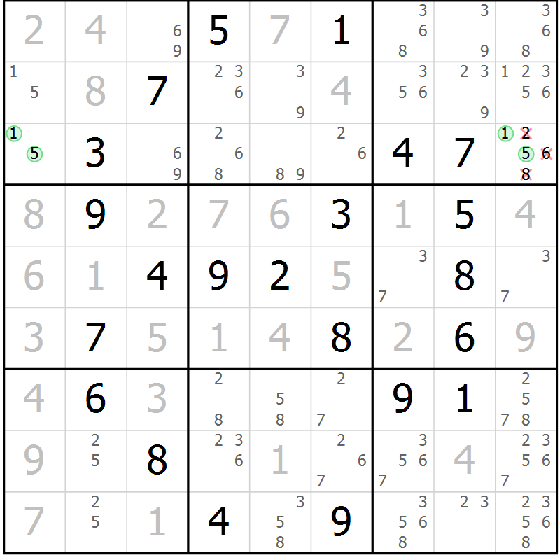 Position des candidats pour la solution de la Gr 49 page 52 du magazine de sudoku Virtuose n° 124