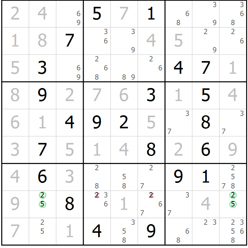 Position des candidats pour la solution de la Gr 49 page 52 du magazine de sudoku Virtuose n° 124