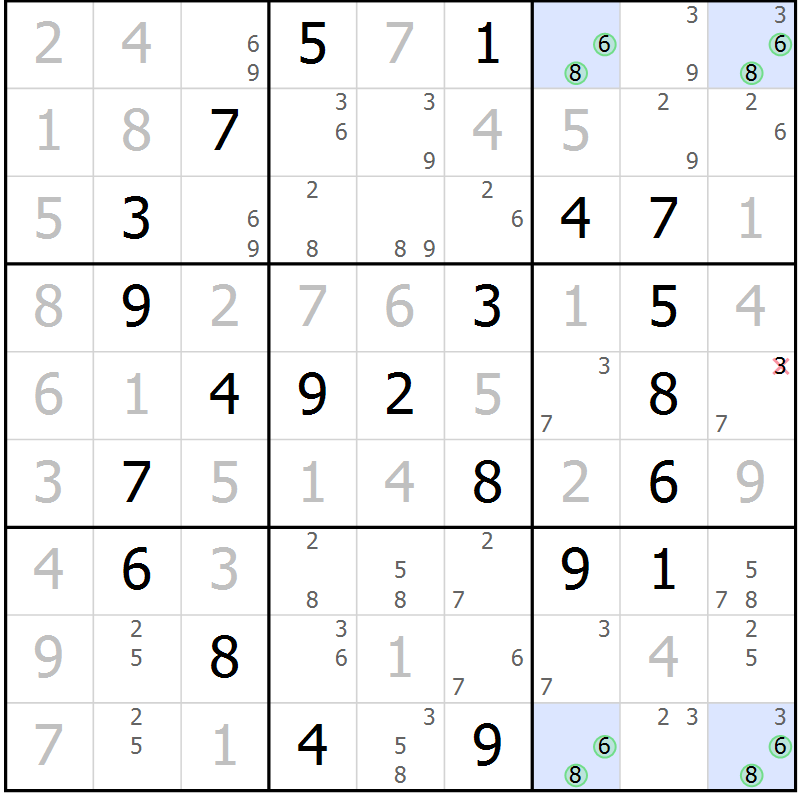 Position des candidats pour la solution de la Gr 49 page 52 du magazine de sudoku Virtuose n° 124