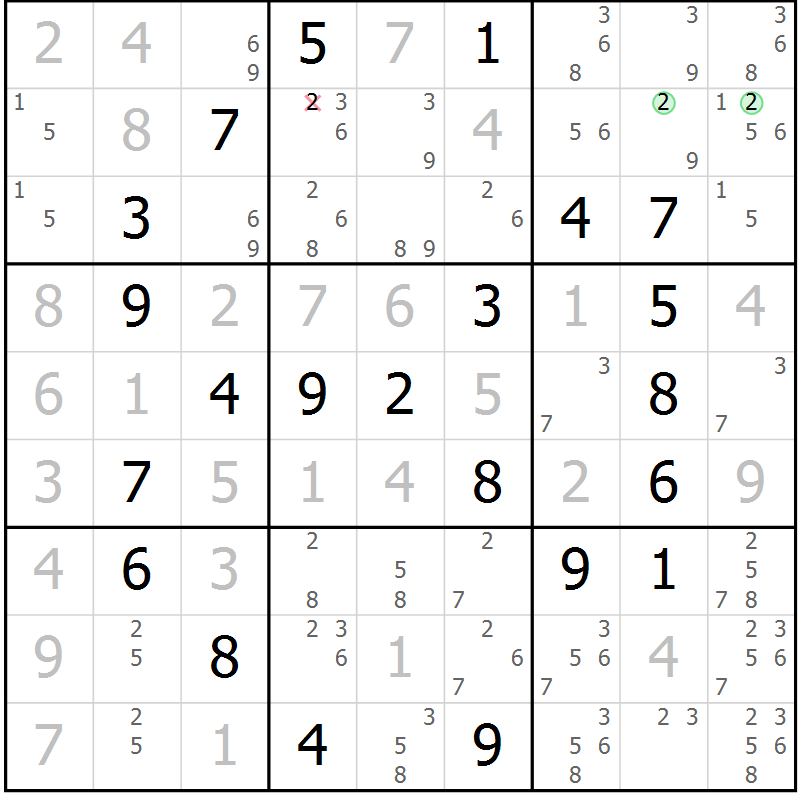 Position des candidats pour la solution de la Gr 49 page 52 du magazine de sudoku Virtuose n° 124