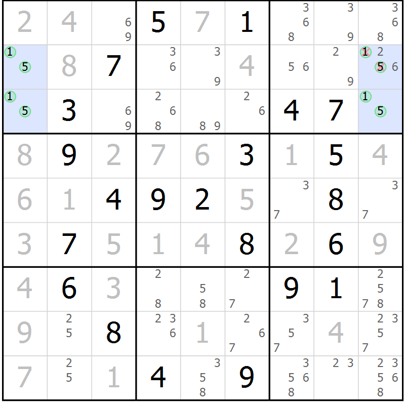 Position des candidats pour la solution de la Gr 49 page 52 du magazine de sudoku Virtuose n° 124