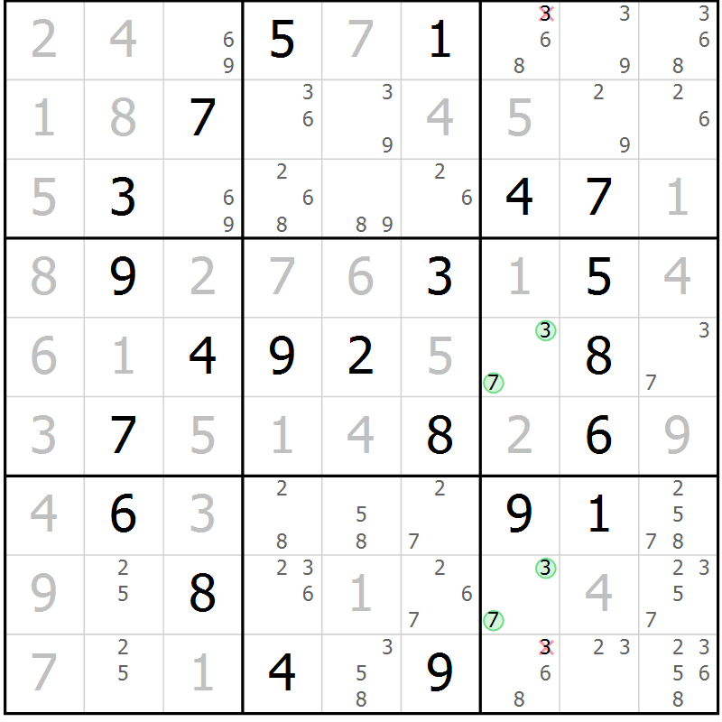 Position des candidats pour la solution de la Gr 49 page 52 du magazine de sudoku Virtuose n° 124