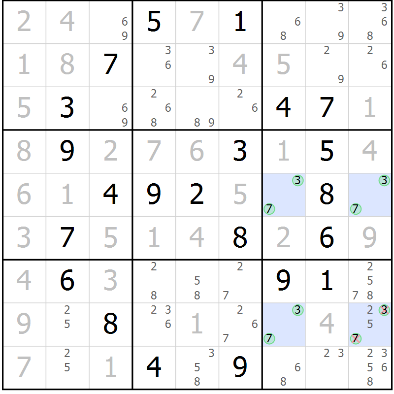 Position des candidats pour la solution de la Gr 49 page 52 du magazine de sudoku Virtuose n° 124
