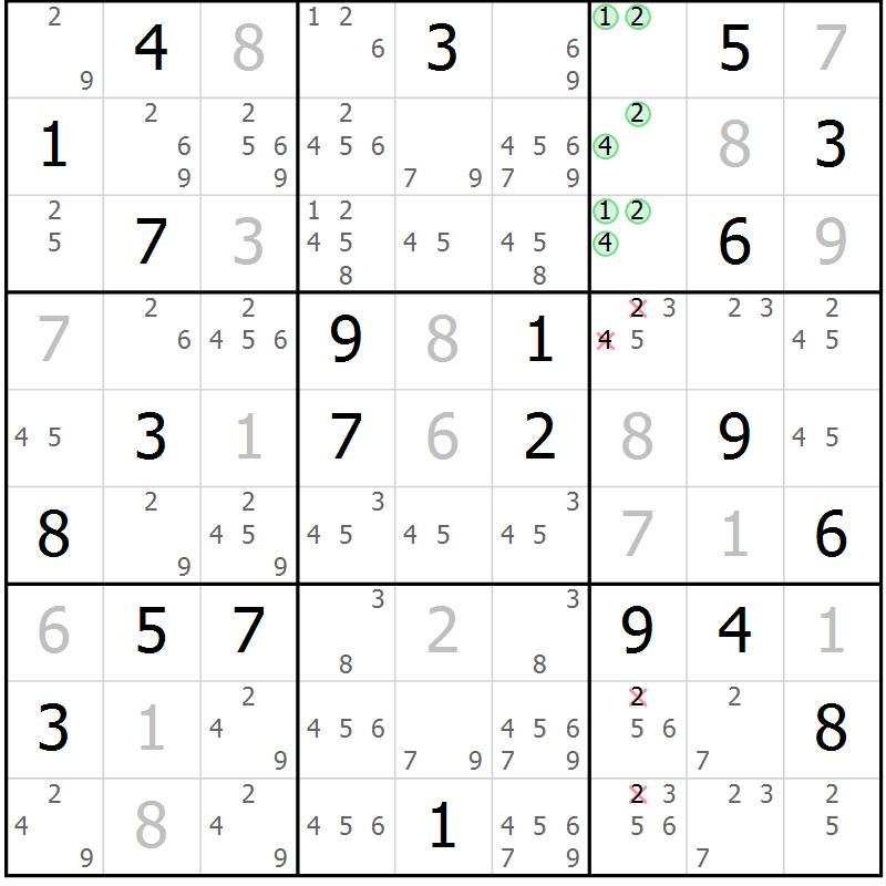 Position des candidats pour la solution de la Gr 5 page 8 du magazine de sudoku Virtuose n° 124