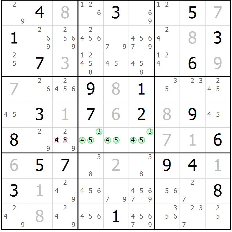 Position des candidats pour la solution de la Gr 5 page 8 du magazine de sudoku Virtuose n° 124