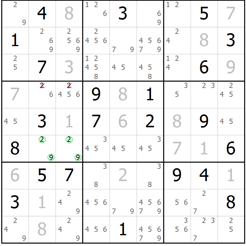 Position des candidats pour la solution de la Gr 5 page 8 du magazine de sudoku Virtuose n° 124