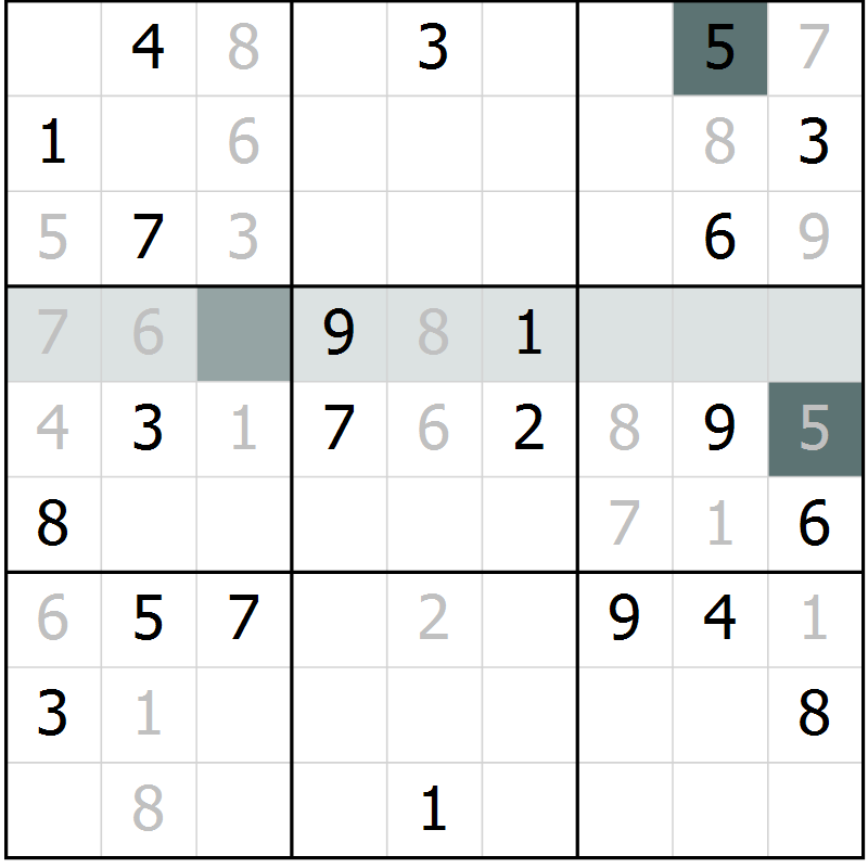 Position des candidats pour la solution de la Gr 5 page 8 du magazine de sudoku Virtuose n° 124