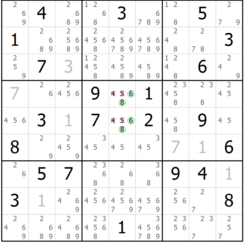 Position des candidats pour la solution de la Gr 5 page 8 du magazine de sudoku Virtuose n° 124