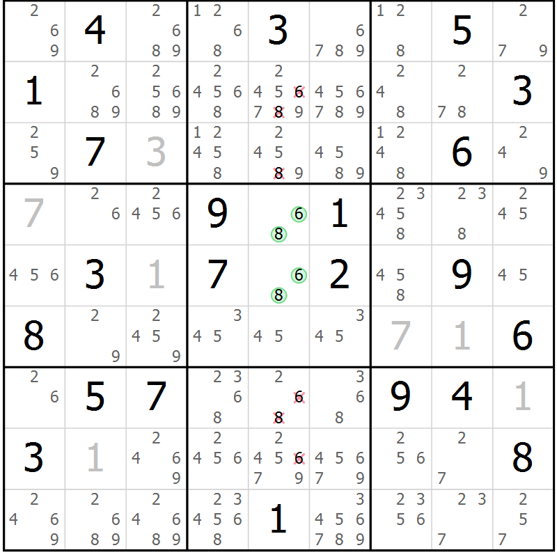 Position des candidats pour la solution de la Gr 5 page 8 du magazine de sudoku Virtuose n° 124