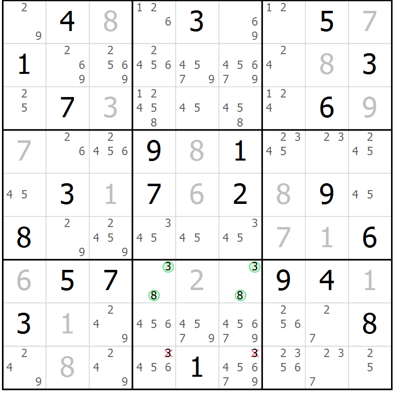 Position des candidats pour la solution de la Gr 5 page 8 du magazine de sudoku Virtuose n° 124