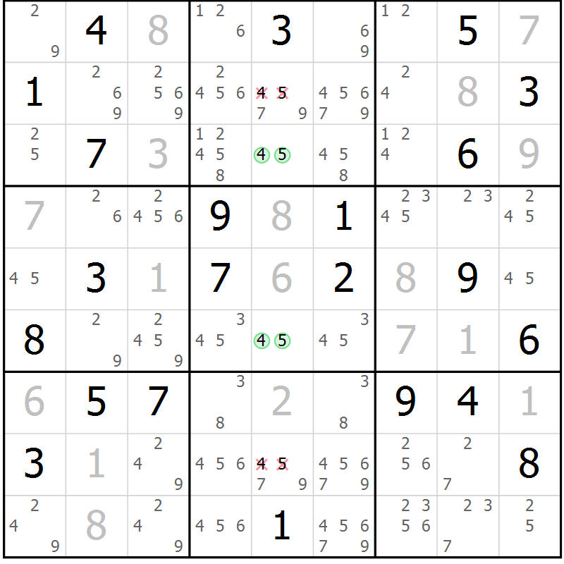 Position des candidats pour la solution de la Gr 5 page 8 du magazine de sudoku Virtuose n° 124