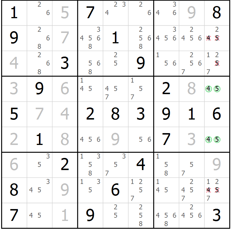 Position des candidats pour la solution de la Gr 50 page 53 du magazine de sudoku Virtuose n° 124