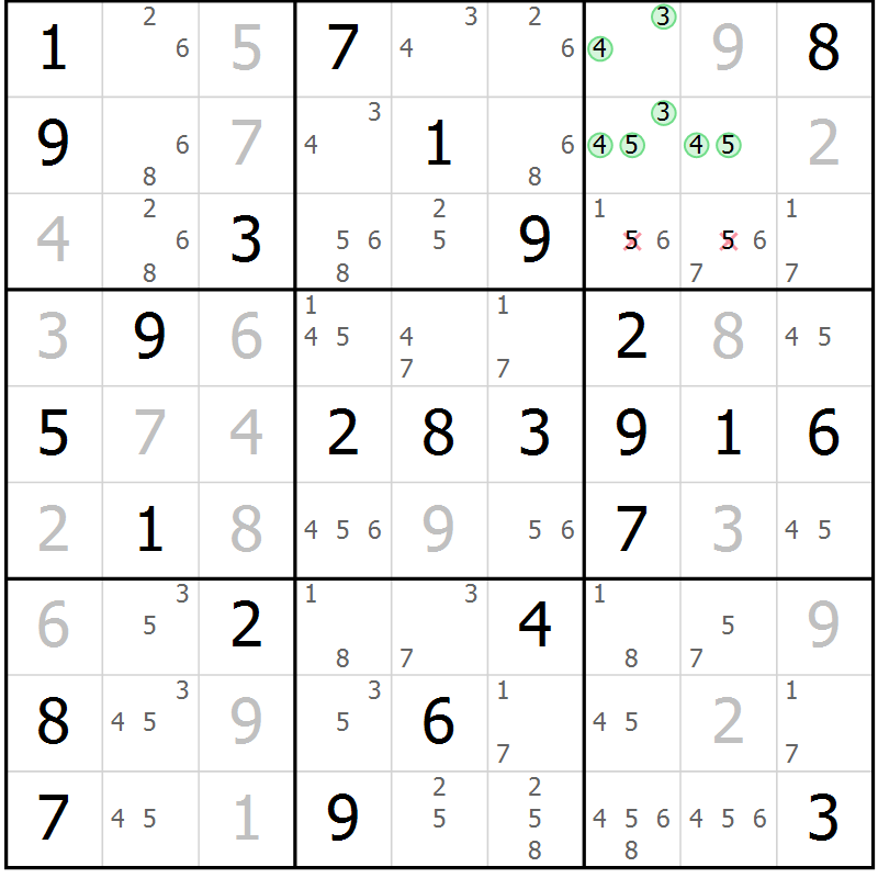 Position des candidats pour la solution de la Gr 50 page 53 du magazine de sudoku Virtuose n° 124
