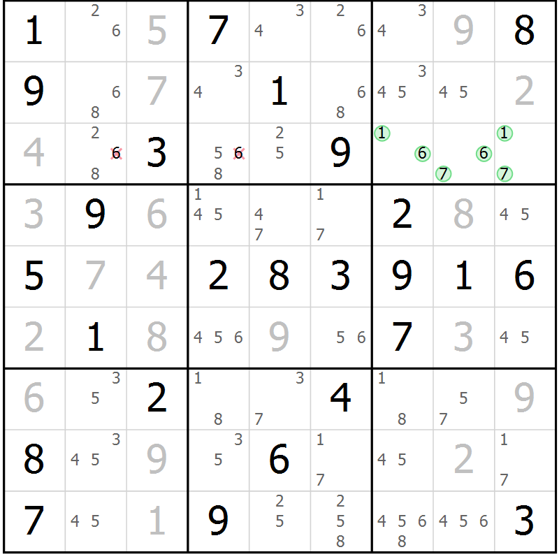 Position des candidats pour la solution de la Gr 50 page 53 du magazine de sudoku Virtuose n° 124