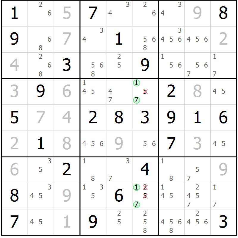 Position des candidats pour la solution de la Gr 50 page 53 du magazine de sudoku Virtuose n° 124