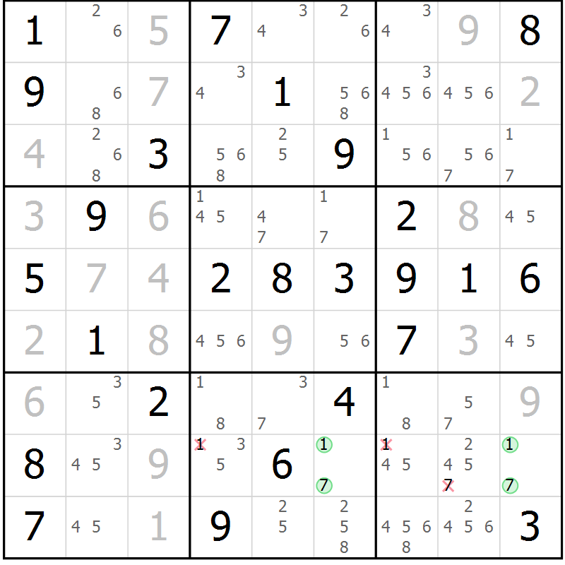 Position des candidats pour la solution de la Gr 50 page 53 du magazine de sudoku Virtuose n° 124