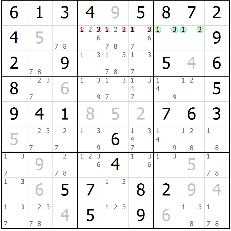 Position des candidats pour la solution de la Gr 51 page 54 du magazine de sudoku Virtuose n° 124